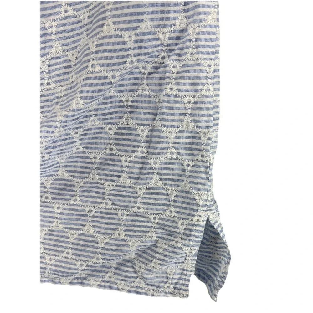 Talbots Medium Blue White Embroidered Stripe Sleeveless Tank Top Keyhole Cotton - Picture 6 of 10